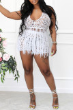 Red Sexy Solid Tassel Hollowed Out Patchwork Halter Sleeveless Two Pieces