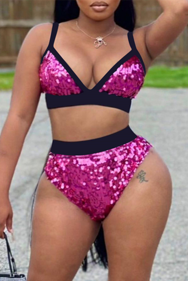 Pink Fashion Sexy Patchwork Sequins Backless Spaghetti Strap Sleeveless Two Pieces