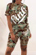 Green Fashion Casual Letter Camouflage Print Basic O Neck Short Sleeve Two Pieces