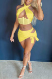 Yellow Sexy Solid Bandage Hollowed Out Patchwork Backless Halter Sleeveless Two Pieces