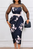 Blue Fashion Casual Patchwork Print See-through With Belt O Neck Long Sleeve Dresses