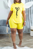 Pink Casual Letter Print Bandage Asymmetrical O Neck Short Sleeve Two Pieces