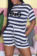 Dark Blue Fashion Casual Striped Letter O Neck Short Sleeve Two Pieces
