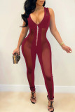 Blue Fashion Sexy Patchwork See-through V Neck Skinny Jumpsuits