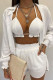 White Sexy Print Patchwork Turndown Collar Long Sleeve Three Pieces
