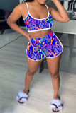 Blue Sexy Casual Letter Print Backless Spaghetti Strap Sleeveless Two Pieces