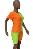Orange Green Fashion Casual Solid Patchwork O Neck Short Sleeve Two Pieces