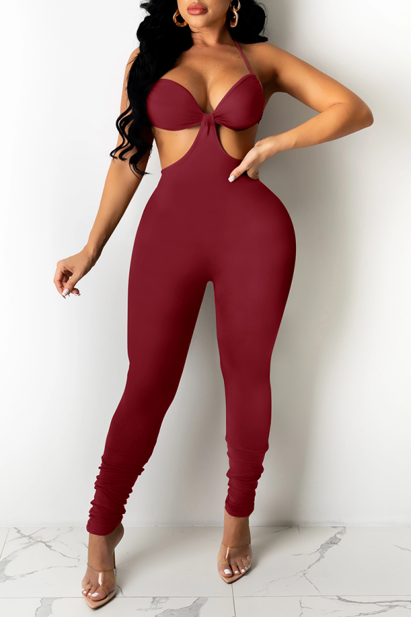 Burgundy Sexy Solid Patchwork Halter Skinny Jumpsuits