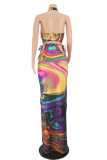 Multicolor Fashion Sexy Print Bandage Hollowed Out Backless Sleeveless Two Pieces