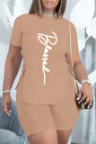 Pink Casual Letter Print Bandage Asymmetrical O Neck Short Sleeve Two Pieces