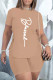 Khaki Casual Letter Print Bandage Asymmetrical O Neck Short Sleeve Two Pieces