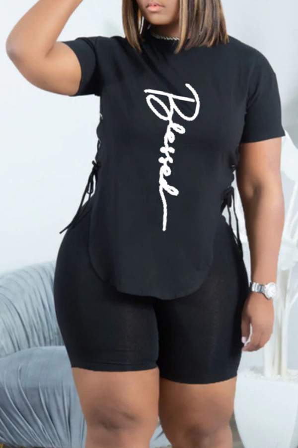 Black Casual Letter Print Bandage Asymmetrical O Neck Short Sleeve Two Pieces