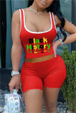 Red Fashion Casual Letter Print Basic U Neck Two Pieces