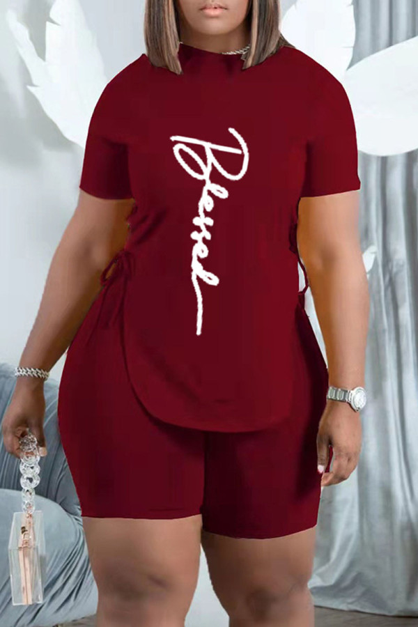 Burgundy Casual Letter Print Bandage Asymmetrical O Neck Short Sleeve Two Pieces