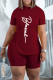 Burgundy Casual Letter Print Bandage Asymmetrical O Neck Short Sleeve Two Pieces