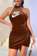 Coffee Fashion Sexy Print Backless O Neck One Step Skirt Dresses