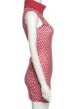 Red Sexy Print Patchwork Turtleneck One Step Skirt Dresses