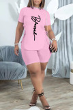 Pink Casual Letter Print Bandage Asymmetrical O Neck Short Sleeve Two Pieces