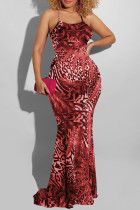 Red Fashion Sexy Print Backless Cross Straps Spaghetti Strap Long Dress