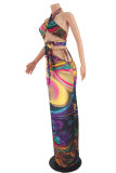 Multicolor Fashion Sexy Print Bandage Hollowed Out Backless Sleeveless Two Pieces