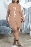 Pink Casual Letter Print Bandage Asymmetrical O Neck Short Sleeve Two Pieces