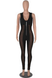 Blue Fashion Sexy Patchwork See-through V Neck Skinny Jumpsuits
