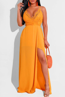 Yellow Sexy Solid Split Joint Spaghetti Strap Sling Dress Dresses