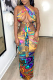 Multicolor Fashion Sexy Print Bandage Hollowed Out Backless Sleeveless Two Pieces