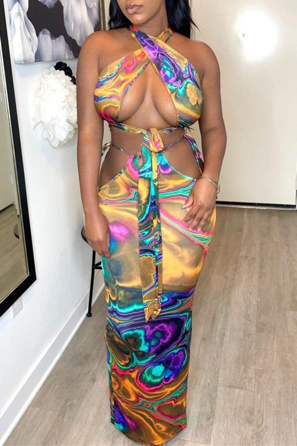 Multicolor Fashion Sexy Print Bandage Hollowed Out Backless Sleeveless Two Pieces