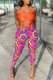 Orange Sexy Print Patchwork Halter Sleeveless Two Pieces