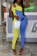 Yellow And Blue Fashion Casual Print Patchwork One Shoulder Jumpsuits