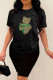 Black Fashion Casual Print Basic O Neck Short Sleeve Two Pieces