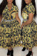 Black Fashion Street Print Patchwork Turndown Collar Short Sleeve Two Pieces