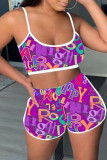 Blue Sexy Casual Letter Print Backless Spaghetti Strap Sleeveless Two Pieces