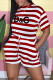 Deep Red Fashion Casual Striped Letter O Neck Short Sleeve Two Pieces