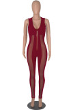 Blue Fashion Sexy Patchwork See-through V Neck Skinny Jumpsuits