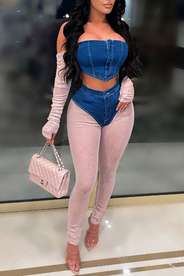 White Sexy Solid Patchwork Zipper Strapless Long Sleeve Two Pieces
