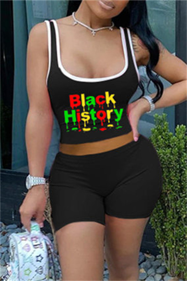 Black Fashion Casual Letter Print Basic U Neck Two Pieces