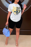 White Fashion Casual Print Basic O Neck Short Sleeve Two Pieces
