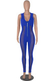 Blue Fashion Sexy Patchwork See-through V Neck Skinny Jumpsuits