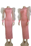Pink Casual Solid Mesh O Neck Pencil Skirt Dresses