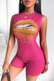 Pink Fashion Casual Print Basic O Neck Sleeveless Two Pieces