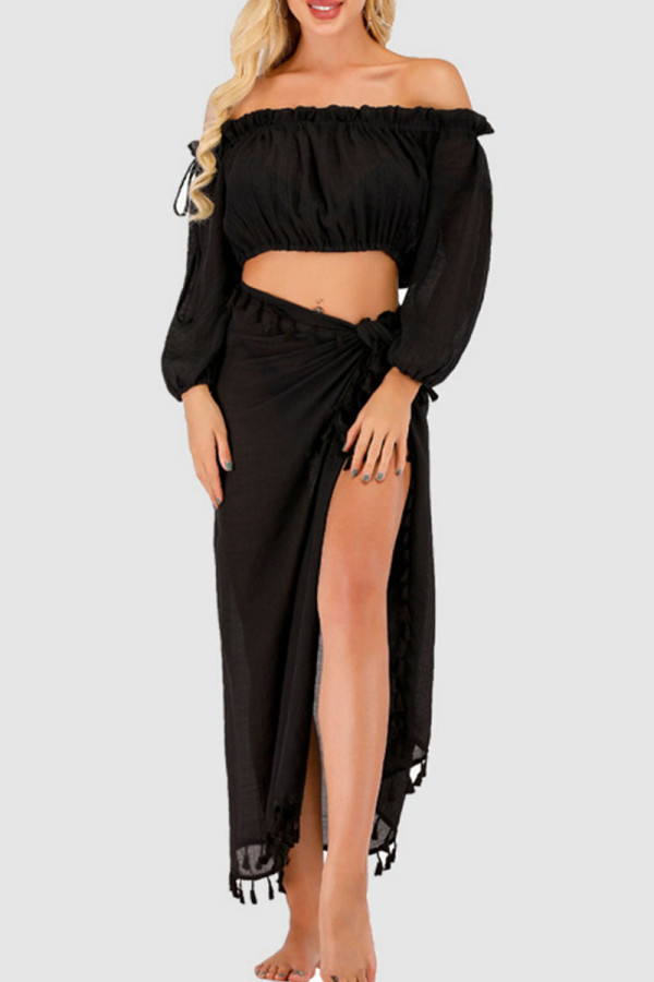 Black Sexy Solid Tassel Patchwork Off the Shoulder Long Sleeve Two Pieces