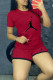 Red Fashion Casual Print Patchwork O Neck Short Sleeve Two Pieces