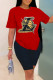 Red Fashion Casual Print Basic O Neck Short Sleeve Two Pieces