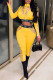Yellow Sexy Print Patchwork See-through Zipper Collar Long Sleeve Two Pieces