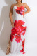 White Fashion Sexy Print Backless Slit Spaghetti Strap Long Dress