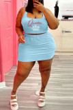 Light Blue Sexy Casual Letter Hot Drilling Basic U Neck Sleeveless Two Pieces
