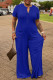Blue Fashion Casual Solid Patchwork V Neck Plus Size Jumpsuits
