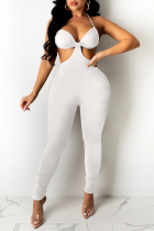 White Sexy Solid Split Joint Halter Skinny Jumpsuits
